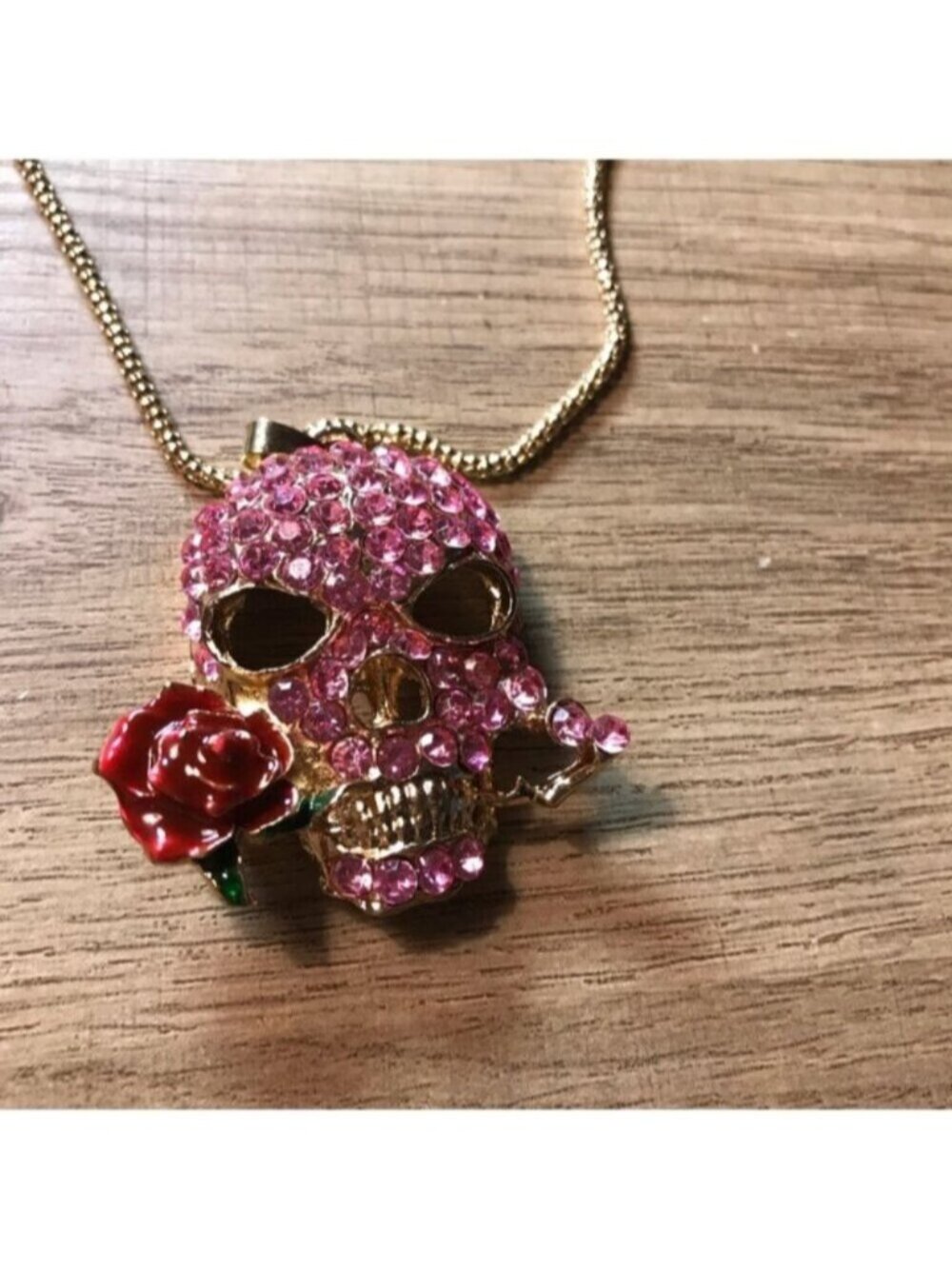 Betsy Johnson Gold Skull Pendant Necklace with Pink Crystals and Red Rose